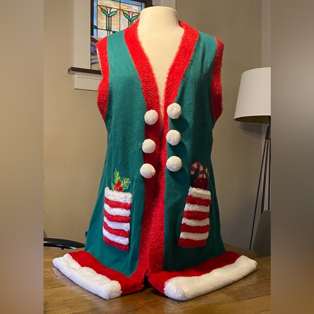 Kela Long Open Sleeveless Plush Vest Ugly Christmas Sweater XMAS Cardigan XL
